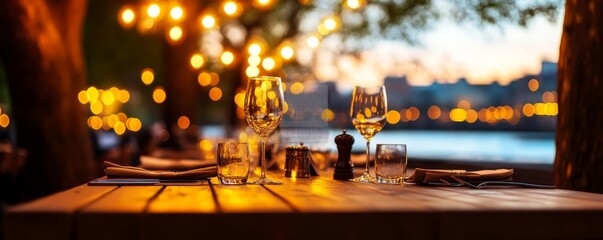 Beautiful outdoor dining setup with glasses and cutlery, softly lit by evening lights. A perfect atmosphere for a romantic meal by the water.