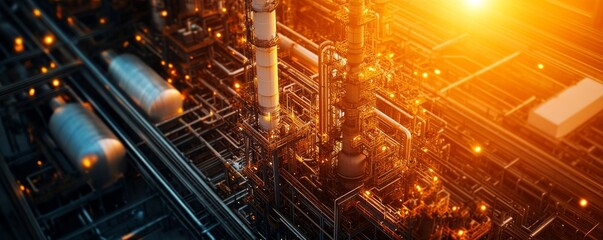 Aerial view of a modern industrial facility with illuminated pipelines and machinery, showcasing advanced technology in operation, set against a glowing sunset backdrop.
