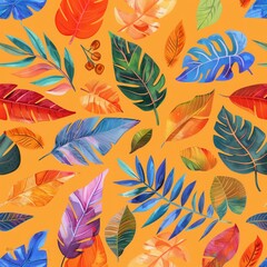 Fototapeta premium A colorful pattern of leaves is spread across an orange background