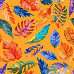 A colorful pattern of leaves is spread across an orange background