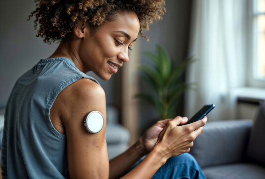 Self-Care Technology. Smiling woman using smartphone with glucose monitoring sensor on her upper arm in a sunny room.