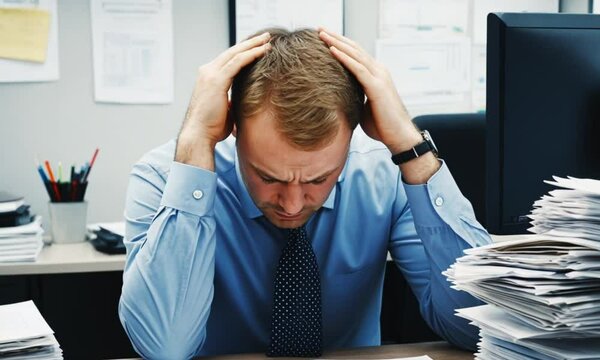 an office employee is rubbing his head because of the stress of the amount of work at the office with papers piled up in front of him