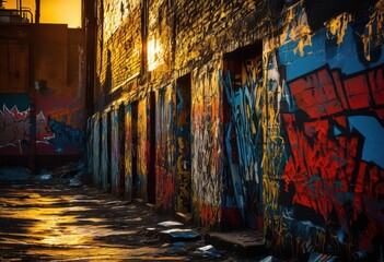 Fototapeta premium detailed close view urban textures featuring raw cracked vibrant graffiti unique cityscape exploration, abstract, background, artistic, bricks, color