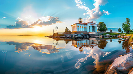 Classic Elegance by the Lake: Traditional Concert Hall with Artistic Flair Under a Sunset Canvas