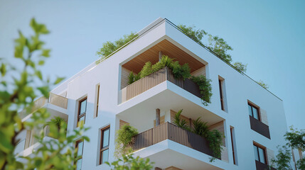 Fototapeta premium A modern white building with balconies adorned with green plants stands against a bright blue sky.