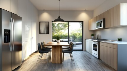 Modern kitchen with stainless steel appliances, minimalist cabinetry, and a clean wooden dining table in the middle, perfect for intimate meals. The neutral tones add warmth.