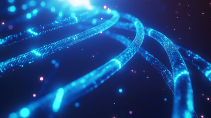 Waves of neon blue lights flow across a dark background.