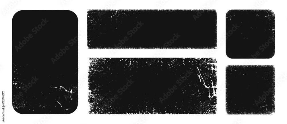 Aufkleber Worn distressed paper frames with copy space. Vector isolated realistic set of black sheets mockups. Grunge grainy and faded corners, record or album cover background, rough grainy effect