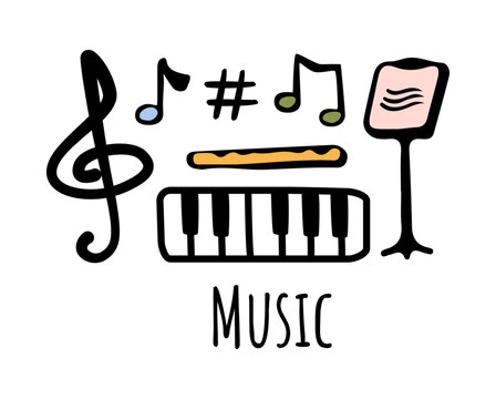 Music lessons and classes in school, college or university. Vector flat cartoon icons for students curriculum. Knowledge about notes and symphonies, musical education and improvement of skills