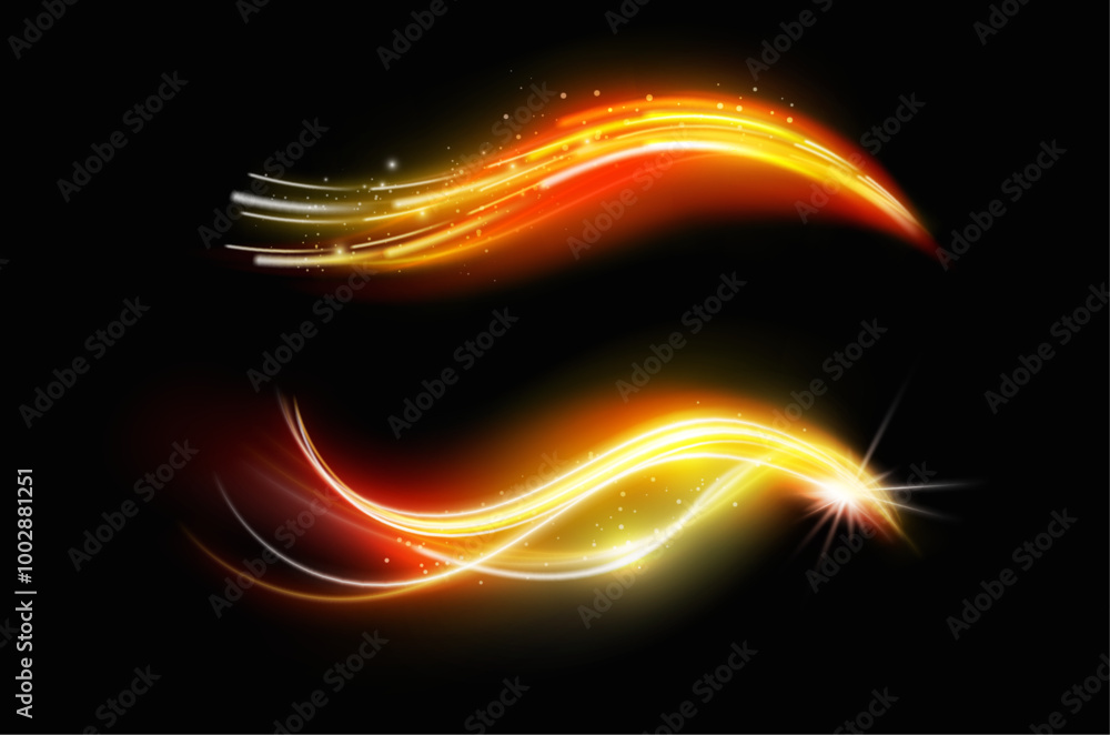 Poster Neon light glowing effect. Vector isolated shining with particles. Magical rays of brightness with shimmering. Shining and sparkling illumination for banners, speed motion or technology texture