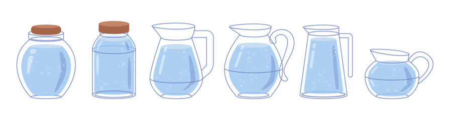 Cylindrical and rounded shape water jars with handles and lids, isolated set of carafe for liquids. Vector containers for storing aqua. Portable pitchers from plastic or glass for hydration