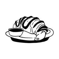 Doodle illustration of croissant with chocolate sauce.