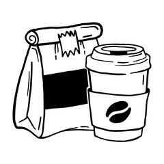 Doodle illustration paper cup coffee and paper bag food. Hand drawn take away coffee and food.