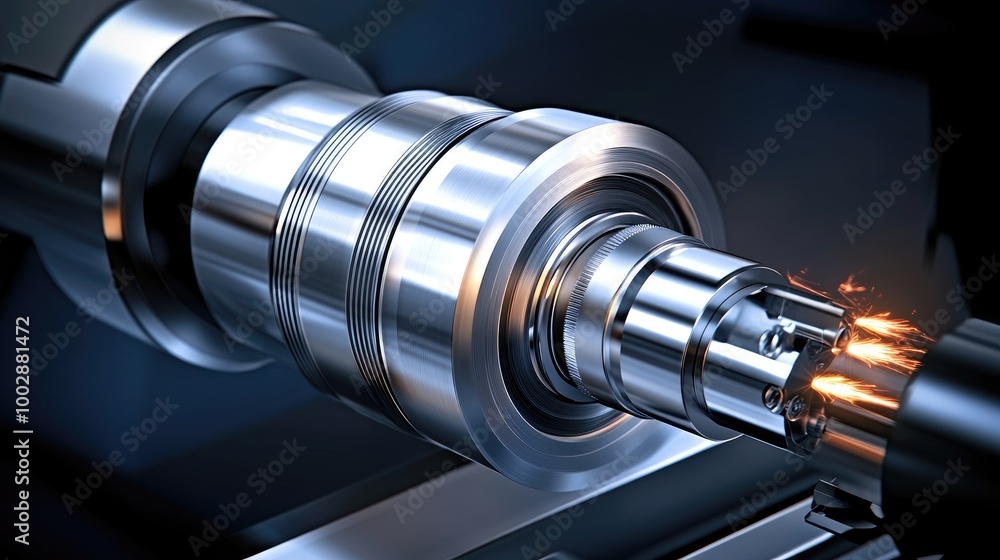 Poster close-up of advanced machinery turning a metal part with flying sparks and dynamic reflections in an