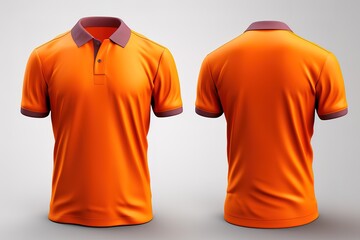 Blank collared shirt mock up template, front and back view, isolated on white, plain orange t-shirt mockup. Tee design presentation for print.