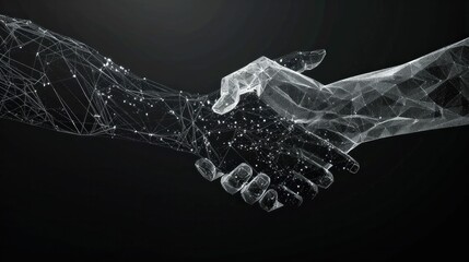 Digital handshake symbolizing partnership and collaboration in the modern tech landscape against a dark monochromatic background