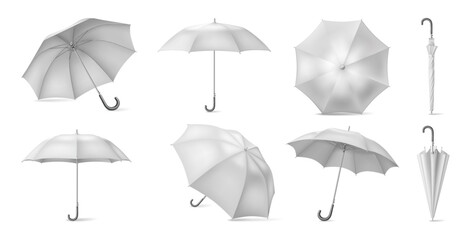 Umbrellas collection, isolated open and closed parasols. Vector handheld device for protection from rain, sunlight and snow. Fabric canopy stretched over collapsible frame of ribs. Fashionable item © Sensvector