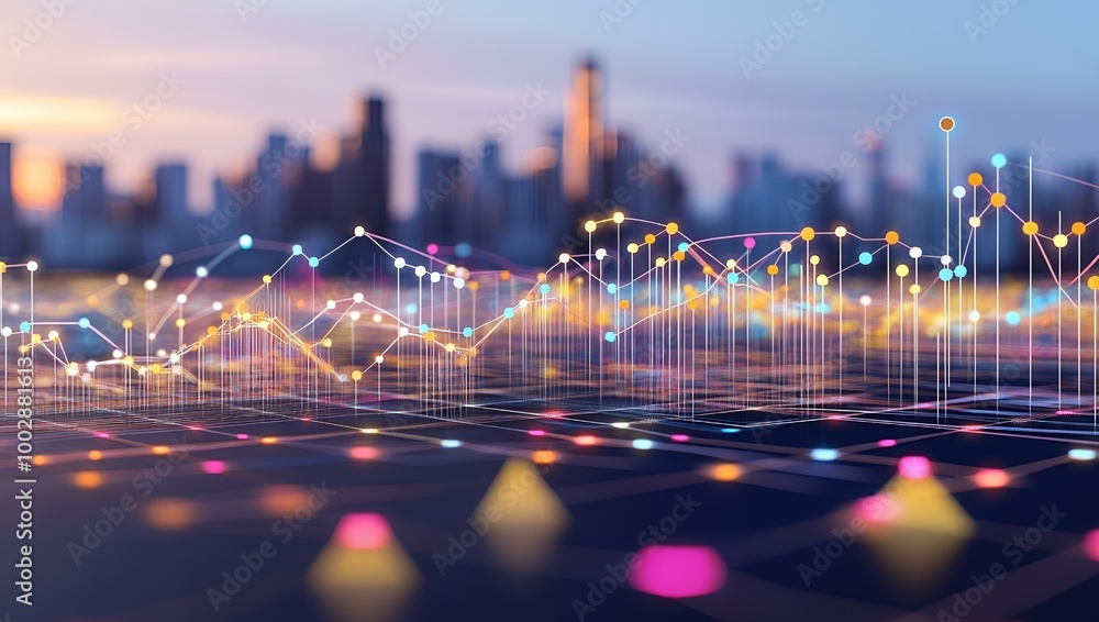 Poster abstract colorful data graphs over a city skyline.