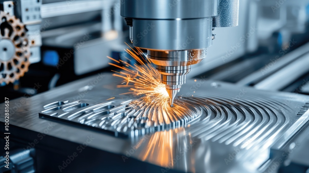 Poster close-up of advanced machinery turning a metal part with flying sparks and dynamic reflections in an