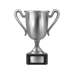 Trophy cup 3D illustration, sport competition success, second place award. Vector illustration silver winner prize in football championship, realistic style. Tournament goblet, education prize