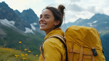 Naklejka premium A smiling traveler in a yellow jacket and backpack enjoys a scenic mountain landscape.