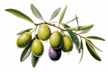 Branch of olive tree with green olives on it isolated on a white.