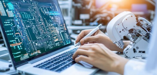 Technician performing detailed work on a robotic system in an advanced engineering lab, symbolizing the collaboration between human expertise and automation, good fingers, good hand