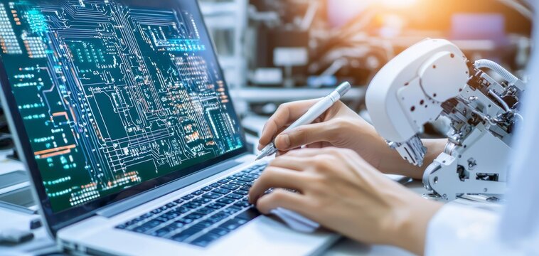 Technician performing detailed work on a robotic system in an advanced engineering lab, symbolizing the collaboration between human expertise and automation, good fingers, good hand