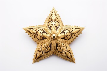 Fototapeta premium Golden Christmas Star isolated on white Background. Top View Close-Up Gold Star render