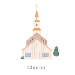 Church house, isolated exterior of municipal building for Christian worship service and mass. Vector flat cartoon style, religion and religious activities. Facade of wooden construction