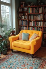 Obraz premium A bright yellow armchair with pillows is placed near a large bookshelf filled with books