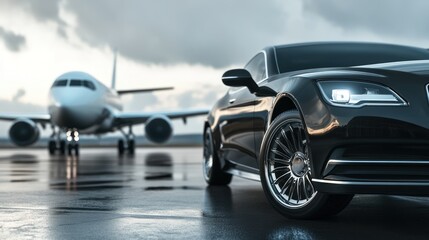 A sleek car parked near an airplane on a wet runway, suggesting luxury travel.