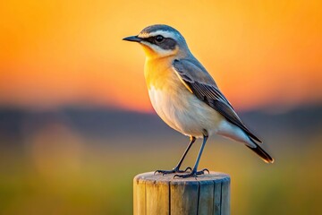 Fototapeta premium A Wheatear bird perched on a pole with a sunset background