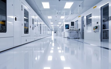 Ultramodern cleanroom with sleek, high-tech industrial machinery, bathed in bright white light, symbolizing precision and innovation in advanced manufacturing