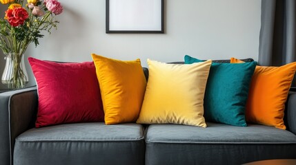 Vibrant, bold cushions on a stylish sofa, complemented by fresh flowers in a vase and a mock-up poster frame on the wall. The setup exudes warmth and modern charm.