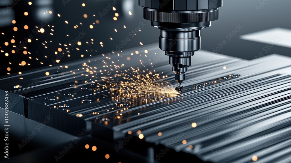Poster close-up of advanced machinery turning a metal part with flying sparks and dynamic reflections in an