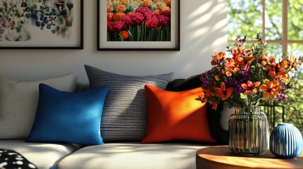 Vibrant, bold cushions on a stylish sofa, complemented by fresh flowers in a vase and a mock-up poster frame on the wall. The setup exudes warmth and modern charm.