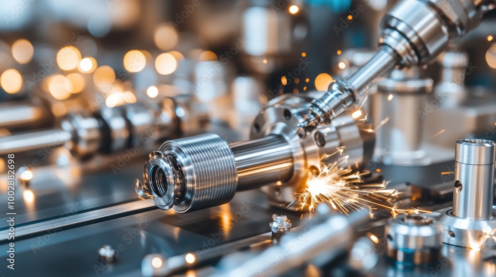 Poster close-up of advanced machinery turning a metal part with flying sparks and dynamic reflections in an
