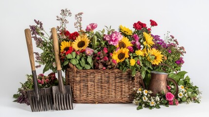 A vibrant arrangement of colorful flowers in a basket, paired with gardening tools, perfect for nature lovers and gardening enthusiasts.