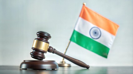 Stock Photo Representing Indian Law and Jurisdiction: Indian National Flag (Tricolour) Alongside a Wooden Gavel, Symbolizing the Concept of Law and Justice in India






