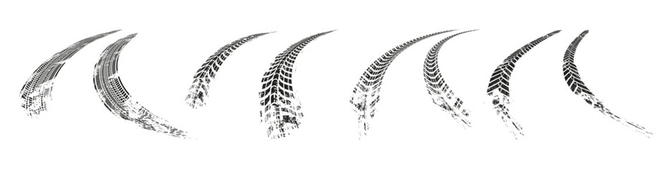 Skidding or stopping vehicle or transport. Vector isolated set of realistic automobile traces and trails on road. Imprint from rubber tyre, speedy tire messy tread texture. Perspective or distance © Sensvector