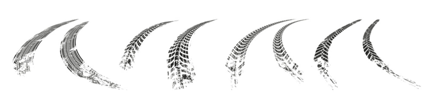 Skidding or stopping vehicle or transport. Vector isolated set of realistic automobile traces and trails on road. Imprint from rubber tyre, speedy tire messy tread texture. Perspective or distance