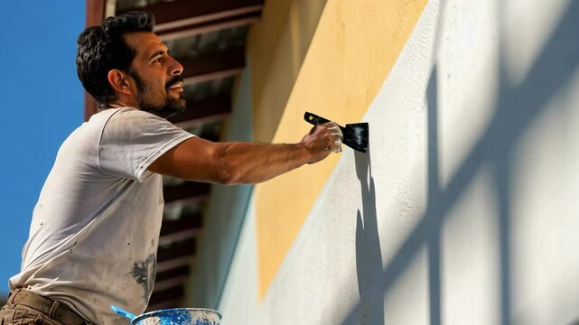 latin american painter painting the front of a traditional home