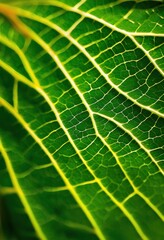 Obraz premium macro exploration vibrant leaf veins detailed texture under soft natural light ushering intricate beauty, nature, closeup, green, botanical, pattern
