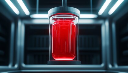 A glowing red capsule suspended in a futuristic chamber with laser beams scanning its contents