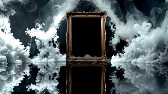 An empty golden frame in a mysterious setting, surrounded by smoke. Perfect for your creative, artistic or abstract video projects.. AI Generation