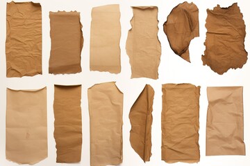 collection real brown paper torn or ripped pieces of paper in white background