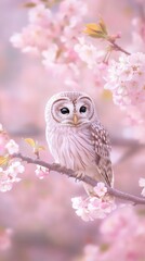 A beautiful owl sits on the branch of plum tree, surrounded by blooming cherry blossoms. The feathers shimmer with silver and white hues under soft lighting.