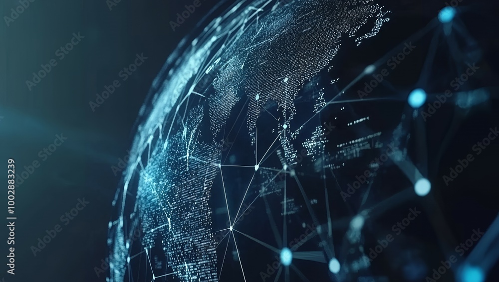 Poster digital world map with glowing lines.