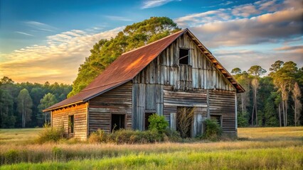 Abandoned barn on former tobacco plantation in North Carolina USA reflected